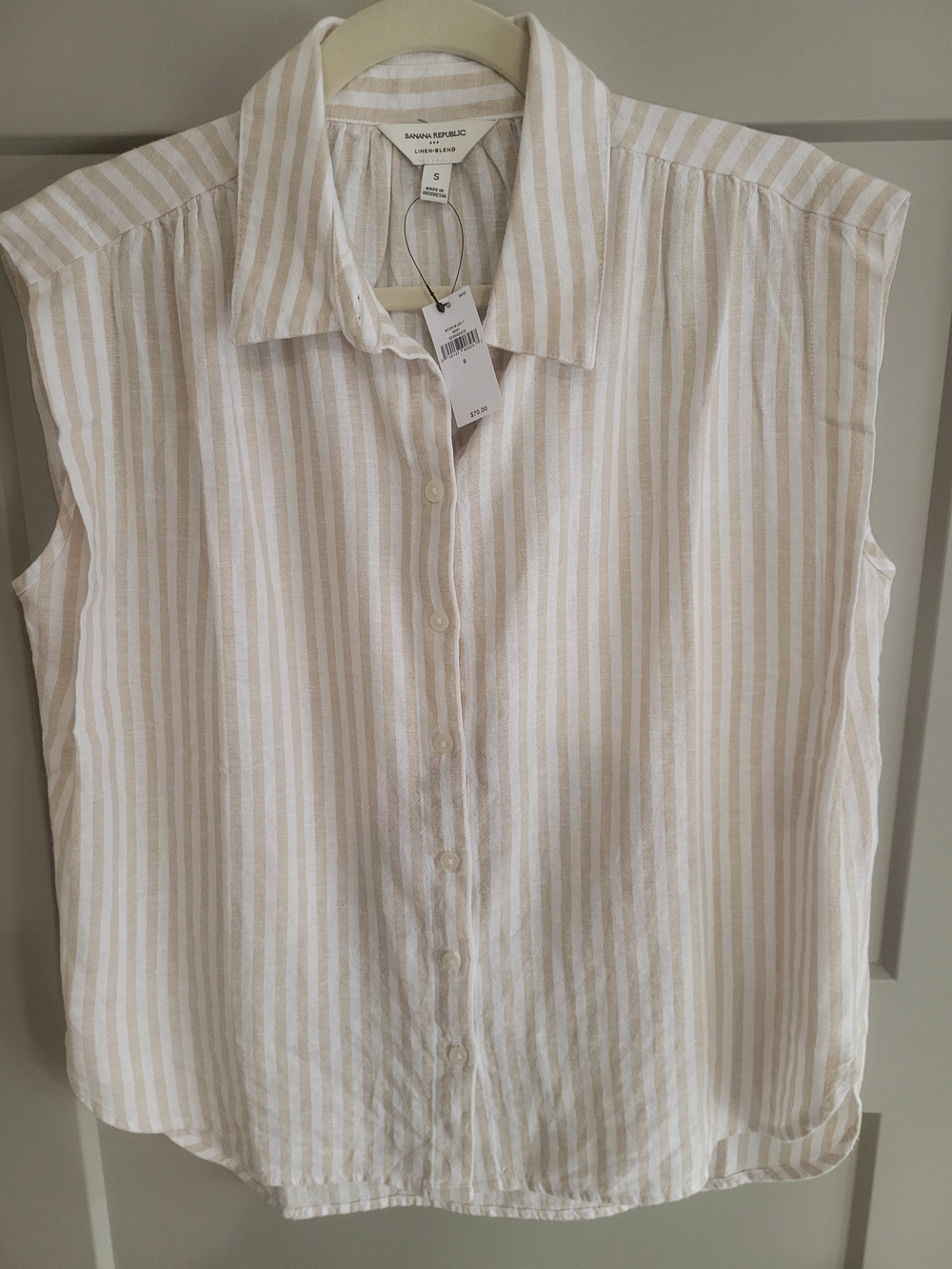 Banana Republic Factory Linen-Blend Pleated Shirt Neutral Stripe S NWT